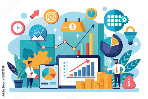 Colorful visuals depict financial data analysis and administration trends in a contemporary office environment Financial administration trending