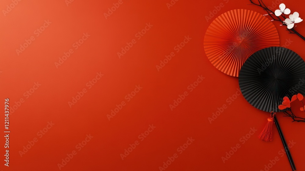 Obraz premium Chinese New Year Paper Fans on Red Background - Oriental Decor for Lunar New Year & Mid Autumn Festival Celebration