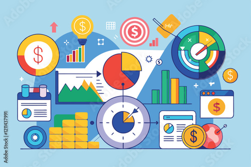 Visual representation shows different elements of a financial diversification plan and analysis tools Financial diversification plan composition with income symbols, profit accounting