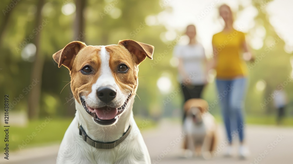 Pet parenting idea. Happy dog walking with people in a sunny park, enjoying a playful day outdoors.