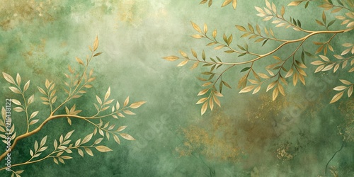 Elegant Golden Branches on a Textured Green Background, Ideal for Interior Design and Artistic Applications
