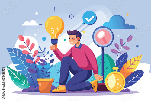 A person kneels with a light bulb, symbolizing creativity, amidst vibrant plants and tools for innovation Finding brilliant ideas Customizable Semi Flat Illustration