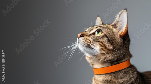 Pet ai idea. A curious tabby cat with an orange collar gazes upward with sparkling green eyes. photo