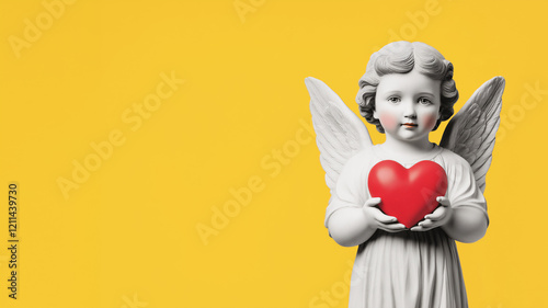 Graue Amor Engel Stein Statue hält ein rotes Herz in Händen, isoliert auf gelbem Hintergrund, Grußkarte für Valentinstag, Symbol für Liebe und Glaube im Pop Art Stil