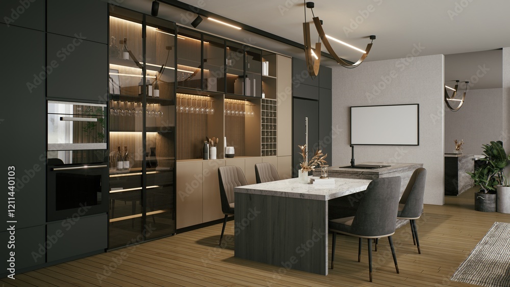 Fototapeta premium Modern kitchen featuring sleek cabinetry, elegant lighting, and a spacious dining area, combining functionality with contemporary design. 3d rendering.