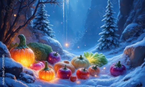 Colorful vegetables in a winter landscape photo