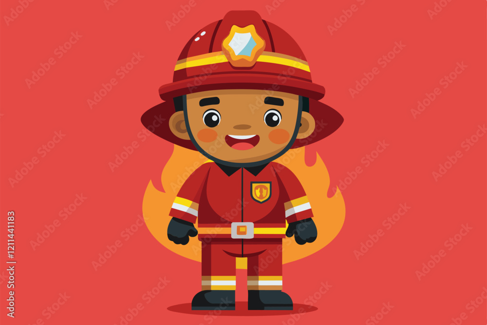 custom made wallpaper toronto digitalCartoon firefighter with a big smile stands confidently amidst stylized flames Firefighter Customizable Cartoon Illustration