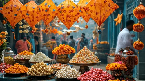 Colorful flower market bustling with activity during a vibrant festival in an Indian village, showcasing traditional decorations and local delicacies