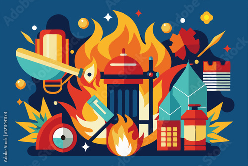 Various firefighting tools and flames are creatively illustrated to emphasize fire safety and prevention techniques Fire extinguishing concept,