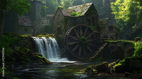 Old water mill in autumn forest. Digital painting