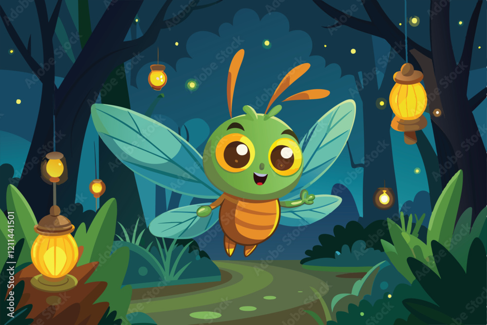 Obraz premium A joyful cartoon firefly hovers along a forest trail surrounded by glowing lanterns at twilight Fireflies Customizable Cartoon Illustration