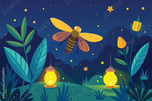 Fireflies light up a garden surrounded by plants under a starry night sky Fireflies Customizable Flat Illustration