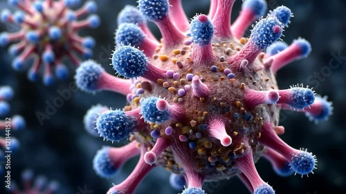 Microbial structure showcases the intricate design of a virus under high magnification showcasing its surface features and complexity