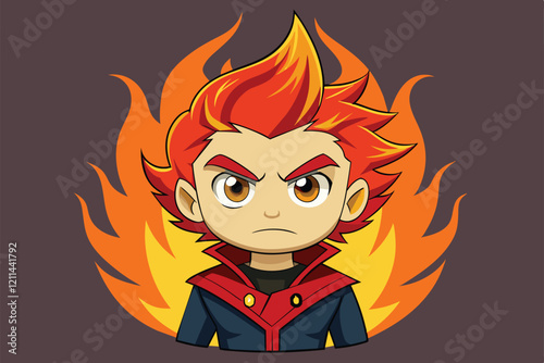 Cartoon character with red and orange hair looks determined in front of a bright flame backdrop Fire hair Customizable Cartoon Illustration