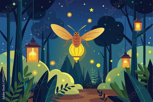 Fireflies illuminate the forest as lanterns glow softly beneath a starry night Fireflies Customizable Semi Flat Illustration