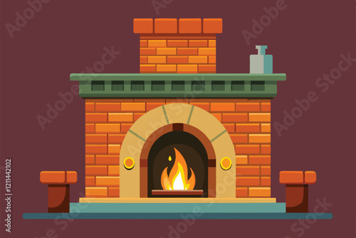 A unique fireplace design featuring vibrant bricks and a crackling flame, creating a warm atmosphere Fireplace Customizable Disproportionate Illustration