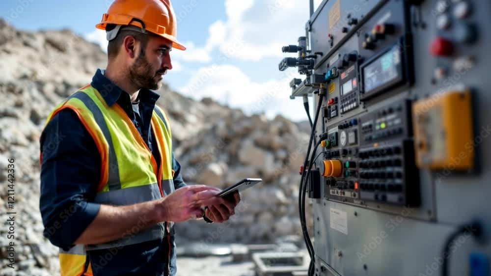Mining Engineer Using Tablet at Quarry