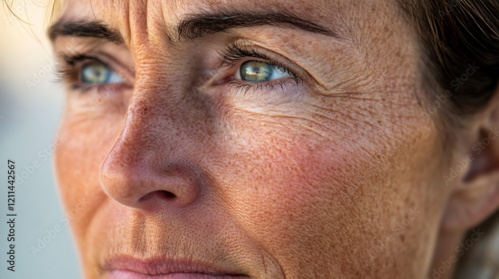Obraz premium Woman's thoughtful face, close-up, outdoors, sunlit, skincare
