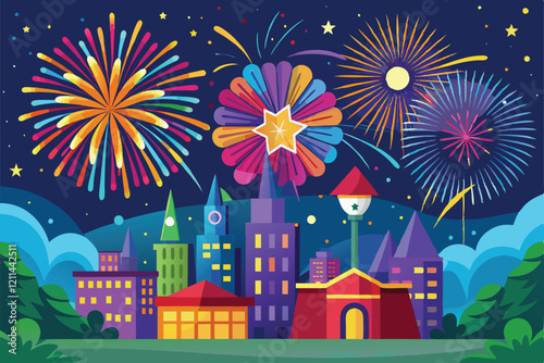 Fireworks burst in vivid colors above a cheerful city, illuminating the night with festive joy Fireworks Customizable Cartoon Illustration