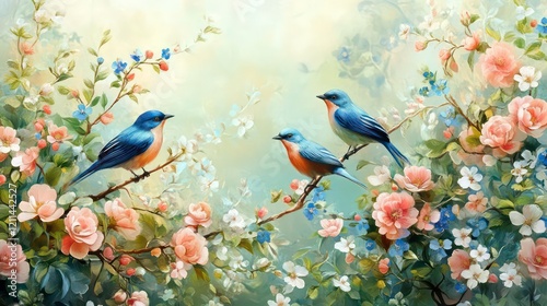 Four bluebirds perched on flowering branches with pink and white blossoms.