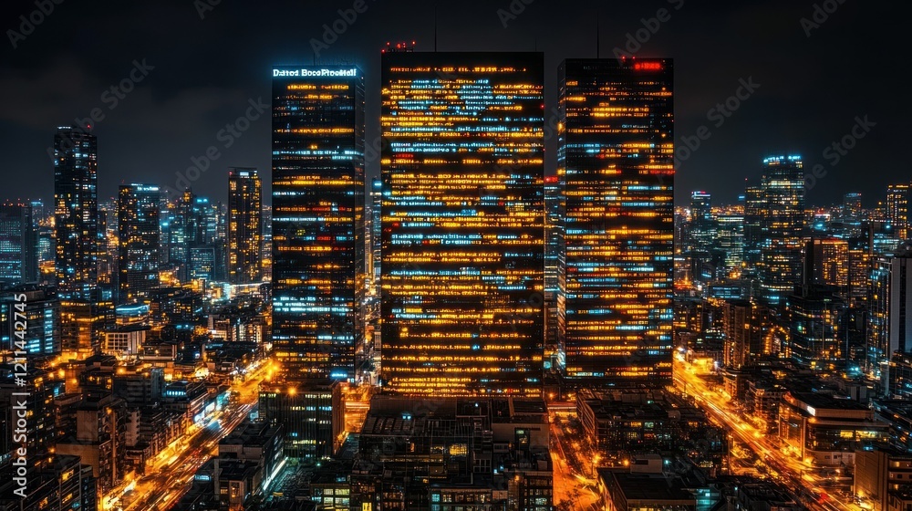 Obraz premium Night cityscape with illuminated skyscrapers and city lights