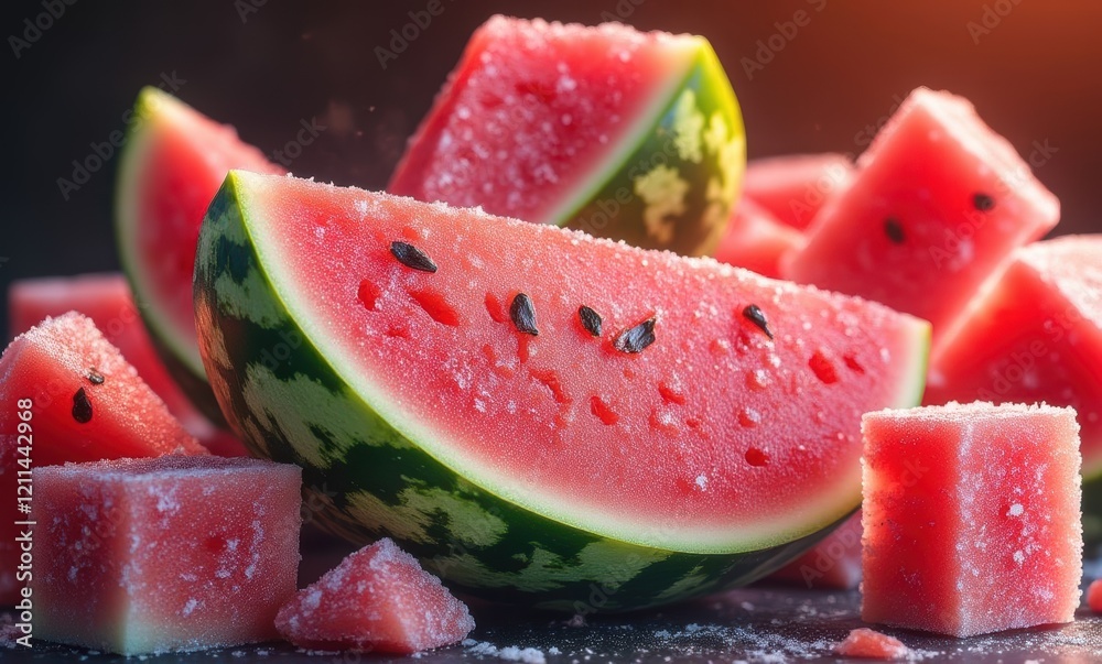 Juicy watermelon slices with sugar crystals Juicy watermelon slices with sugar crystals