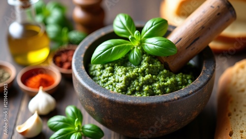 Fresh Basil and Garlic Pesto Made with Mortar and Pestle, Served with Olive Oil and Bread photo