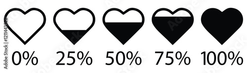 Heart rating, Love meter or gauge icon for velentine day card. The illustration of love meter. black color. 0 to 100 percent heart rating level. Vector eps10.