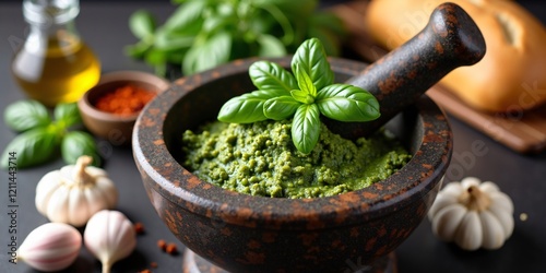 Fresh Basil and Garlic Pesto Made with Mortar and Pestle, Served with Olive Oil and Bread photo