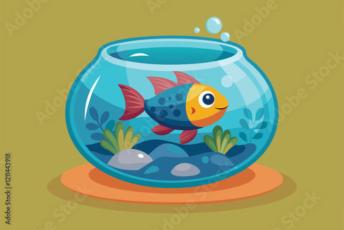 A colorful fish swims joyfully in a decorative bowl with plants and stones Fish bowl Customizable Semi Flat Illustration