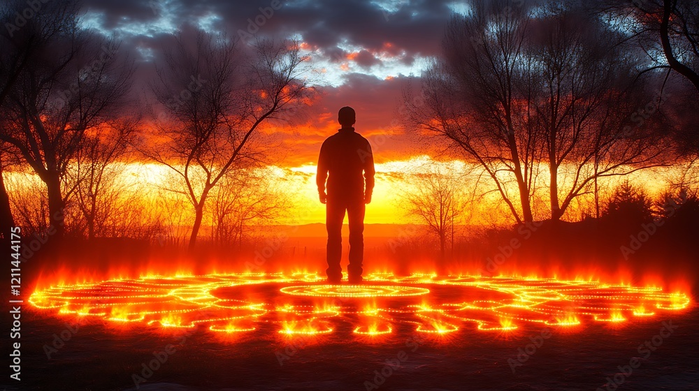 Silhouette Man Stands Upon Fiery Circle at Sunset Silhouette Man Stands Upon Fiery Circle at Sunset