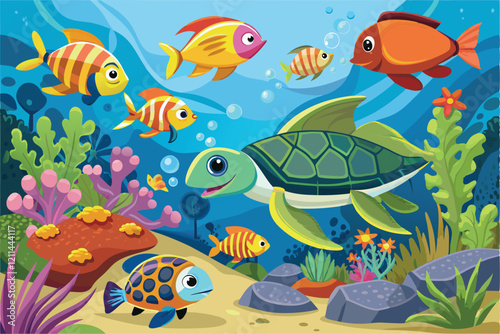 A turtle swims gracefully among a variety of fish and colorful coral in a lively underwater habitat Fishes and turtle, Underwater animals,