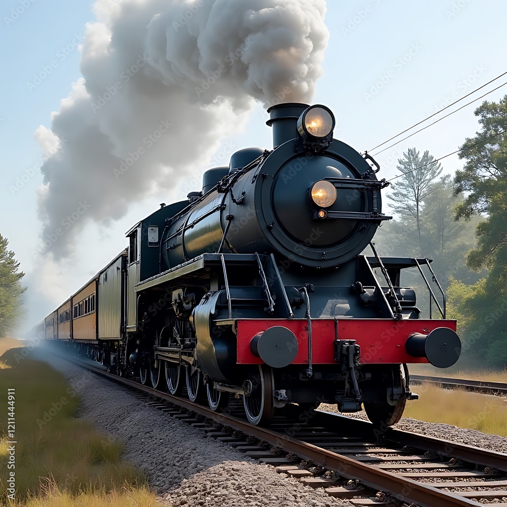 Naklejka premium Steam Engine Majesty: A classic black steam locomotive, puffing billowing smoke, chugs majestically along a track, captivating with its timeless power and industrial charm.