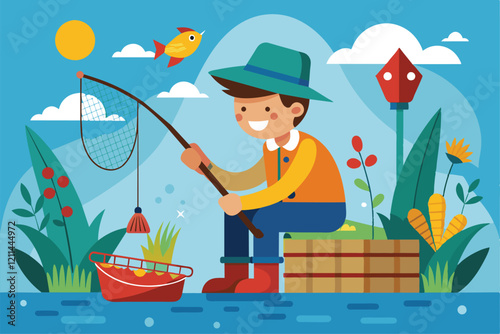 A cheerful boy is fishing with a net near a calm lake surrounded by plants and a sunny sky Fishing with net Customizable Flat Illustration