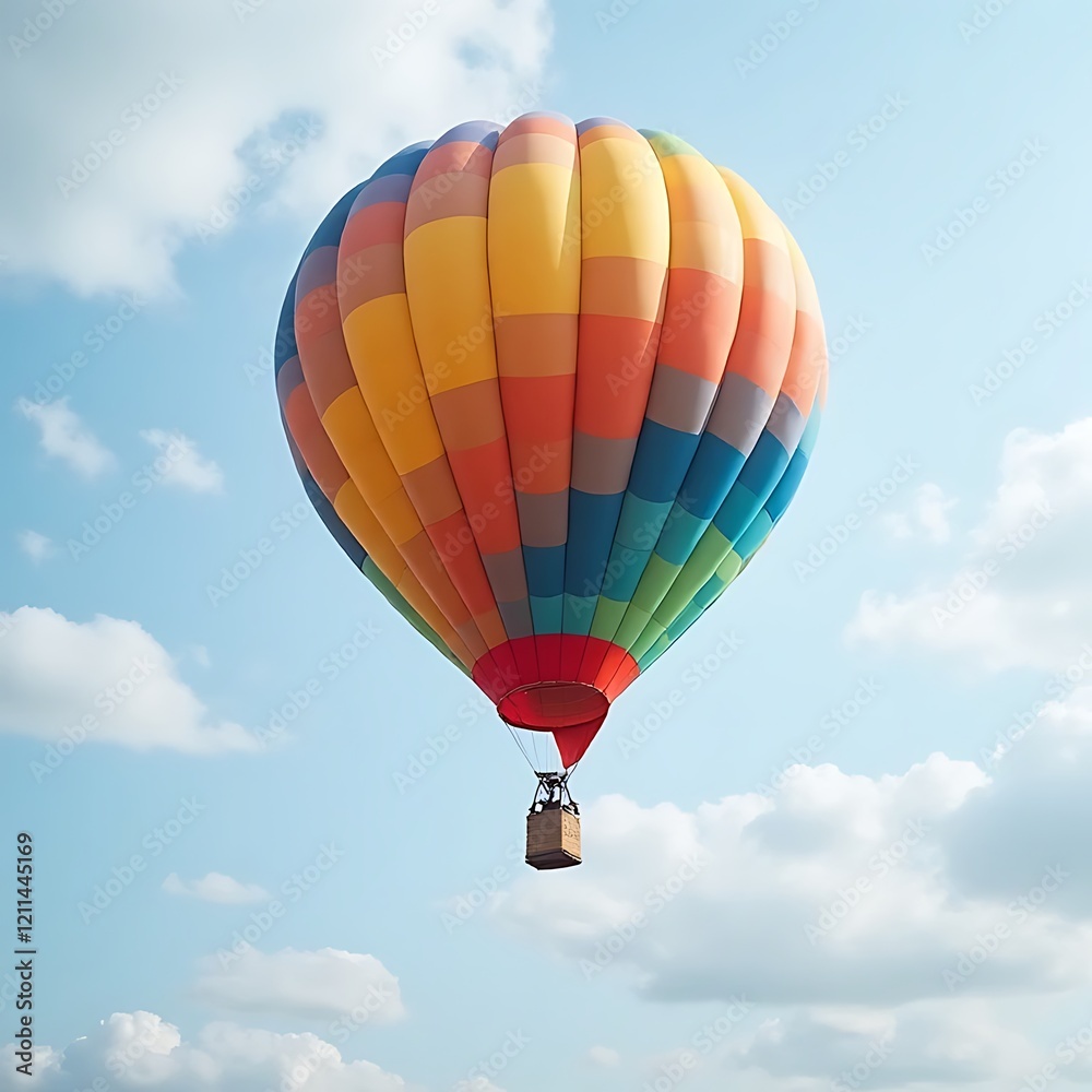 Obraz premium Colorful Hot Air Balloon Ascending: A vibrant, multicolored hot air balloon ascends gracefully against a backdrop of fluffy white clouds and a clear blue sky, symbolizing freedom, adventure.