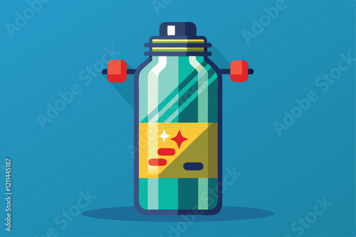 A vibrant fitness bottle stands ready on a blue background for hydration during workouts Fitness bottle for gym Mockup,