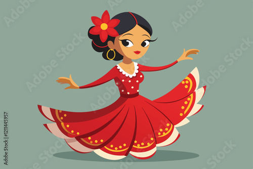 A flamenco dancer twirls in her beautiful red dress, capturing the essence of passion and tradition Flamenco dance Customizable Cartoon Illustration