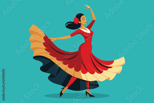 A dancer elegantly twirls in a red and yellow dress, expressing the passion of flamenco dance Flamenco dance Customizable Semi Flat Illustration