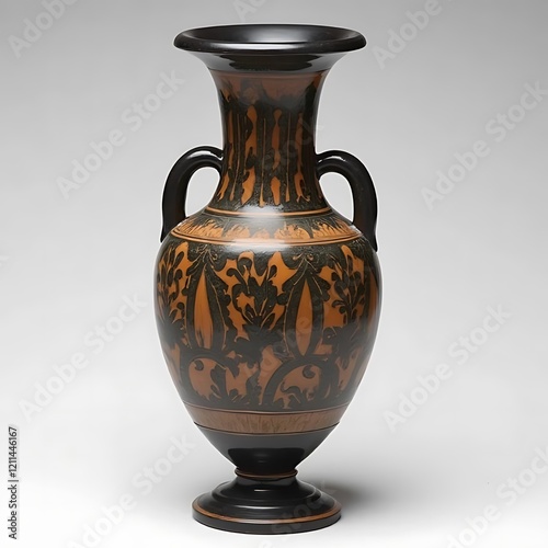 Ancient Greek amphora, Black-figure pottery, Classic design: An elegant black-figure amphora with two handles, showcasing intricate patterns and possibly figural scenes. photo