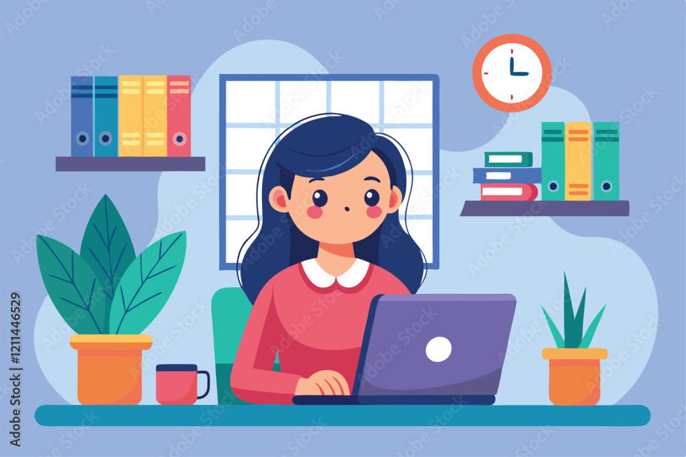 A girl is intently using her laptop in a bright home office, surrounded by plants and books Flat illustration of a girl working on laptop, office A girl is intently using her laptop in a bright home office, surrounded by plants and books Flat illustration of a girl working on laptop, office