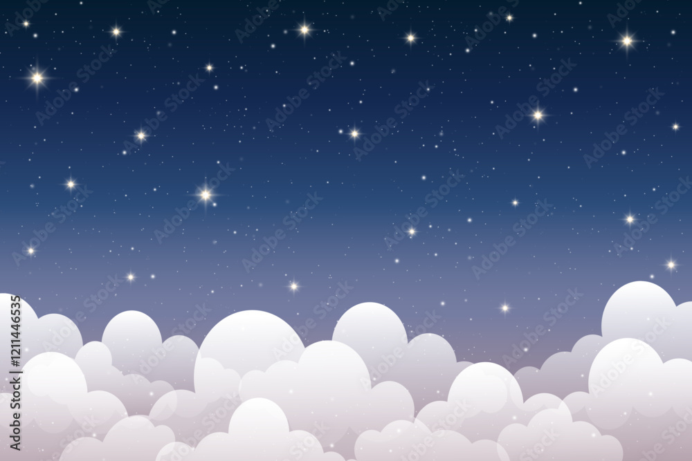 Dark night sky with glowing clouds shining stars and constellations. Blue gradient background depicts a magical cosmos, celestial nebula patterns, and astrology-inspired fantasy illustration.