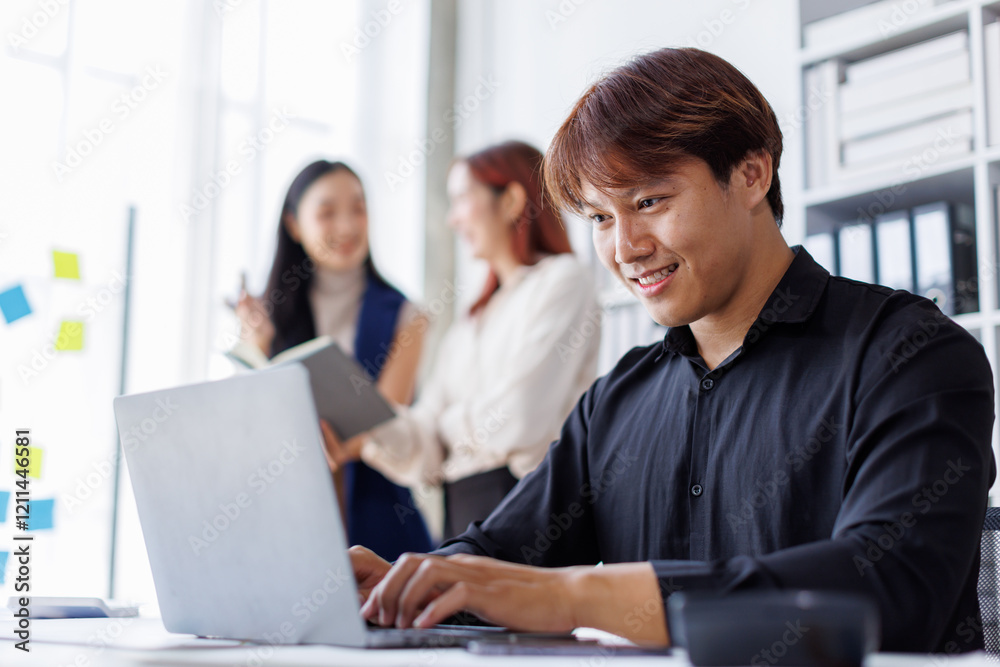 Brainstorming Collaboration and successful partnership analysis by Team of Young business Asian people working in an office workspace Brainstorming Collaboration and successful partnership analysis by Team of Young business Asian people working in an office workspace