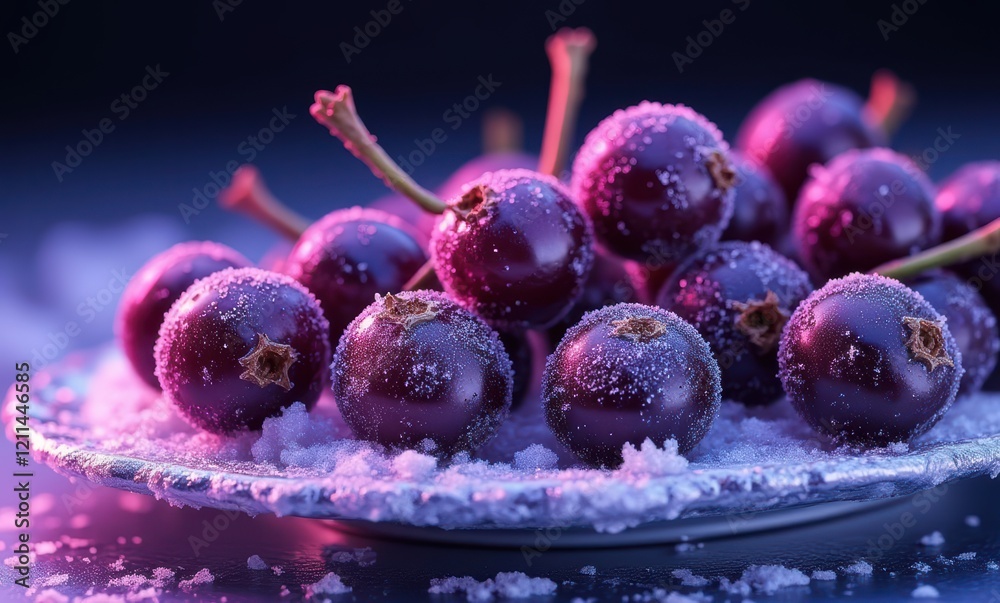 Frosted blackcurrants on a silver plate Frosted blackcurrants on a silver plate