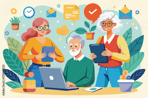 Seniors collaborate and explore technology while surrounded by plants and cheerful decor in a vibrant setting Flat-hand drawn seniors using technology illustration