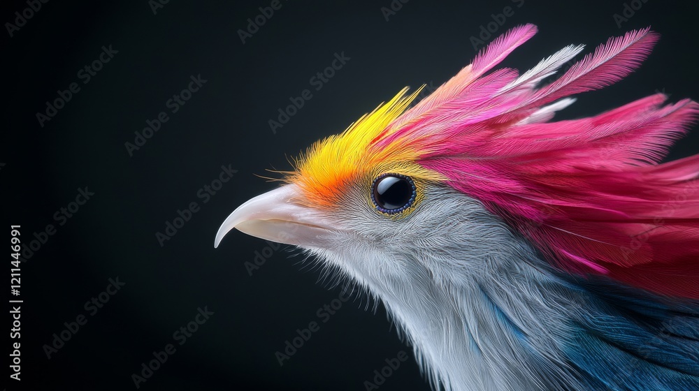 Colorful Bird with Striking Features and Vibrant Feathers Displaying a Unique Blend of Colors Against a Dark Background, Ideal for Artistic Nature Projects Colorful Bird with Striking Features and Vibrant Feathers Displaying a Unique Blend of Colors Against a Dark Background, Ideal for Artistic Nature Projects