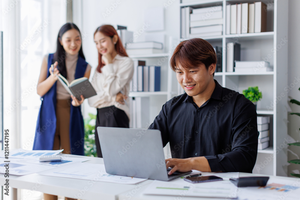 Brainstorming Collaboration and successful partnership analysis by Team of Young business Asian people working in an office workspace Brainstorming Collaboration and successful partnership analysis by Team of Young business Asian people working in an office workspace
