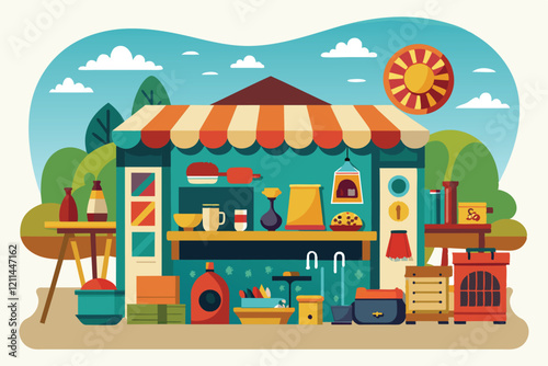 A bustling flea market features colorful stalls brimming with eclectic finds and artisanal goods Flea market Customizable Semi Flat Illustration