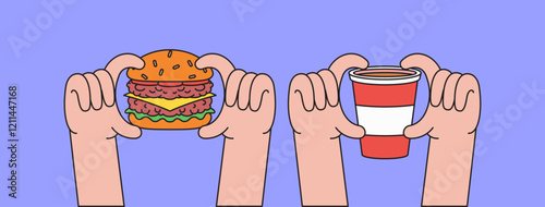 Hand holding a burger and a cup cartoon hand drawn illustration vector design for food-related content