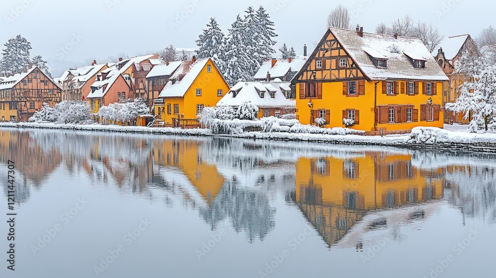 Fototapeta premium Enchanted Winter Village: A Picturesque Reflection
