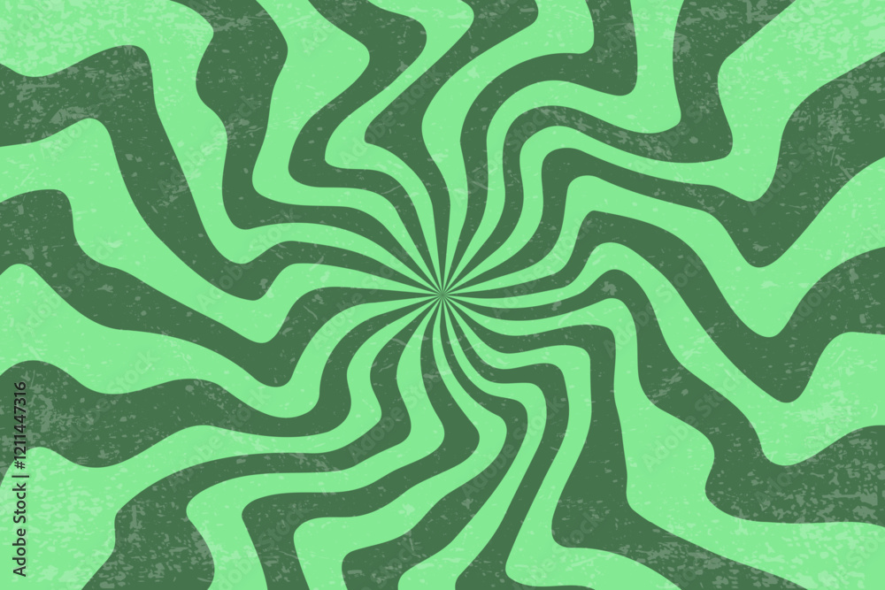 Spiral retro background with psychedelic swirl pattern. Vector groovy sun rays with vintage texture. Abstract twirl 70s green bg with wavy stripes. Summer funky hypnotic poster.